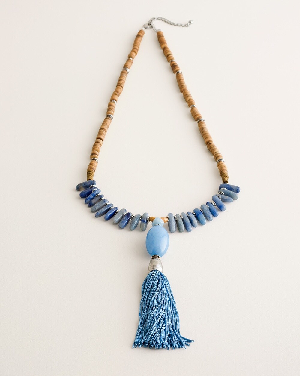 Blue and Neutral Tassel Pendant Necklace