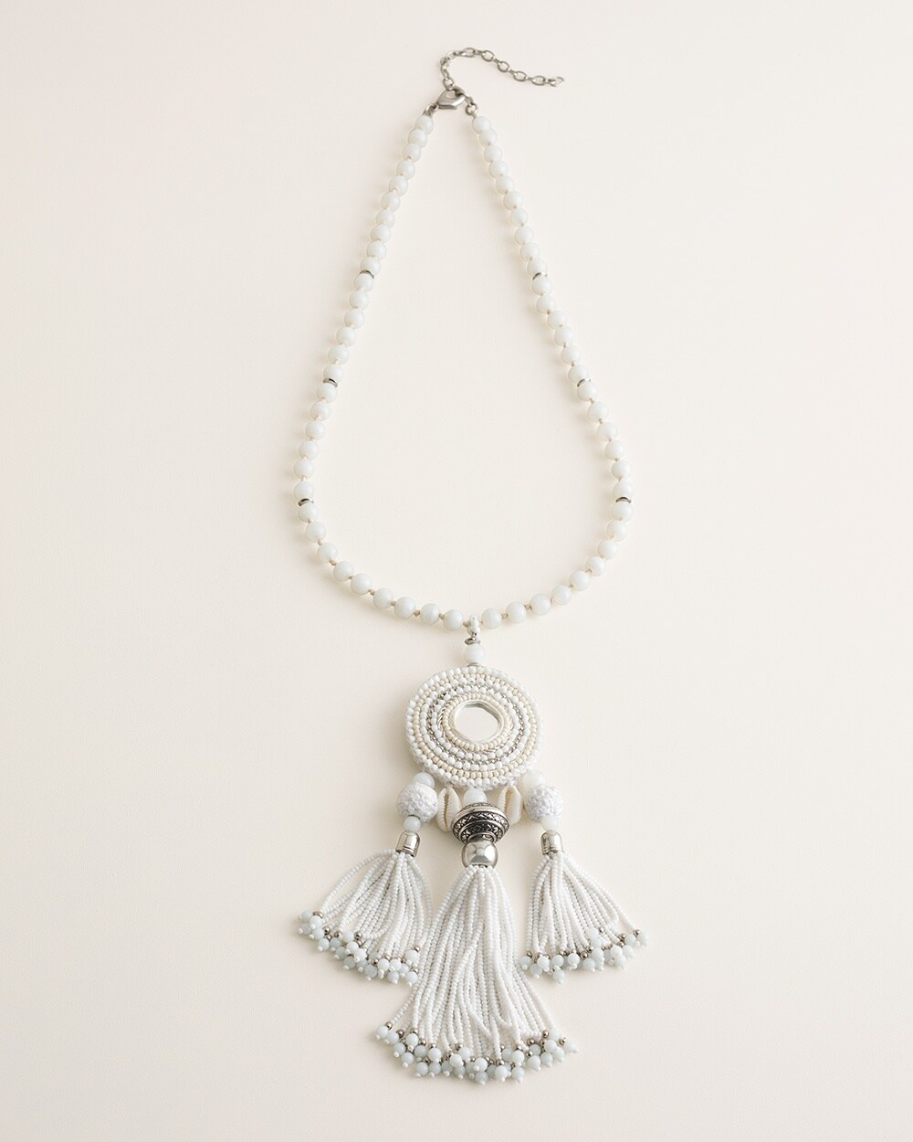 White Beaded Tassel Pendant Necklace