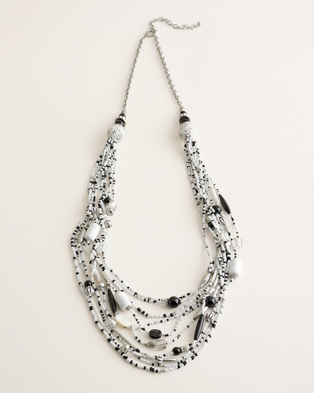 Long Black and White Seed Bead Multi-Strand Necklace