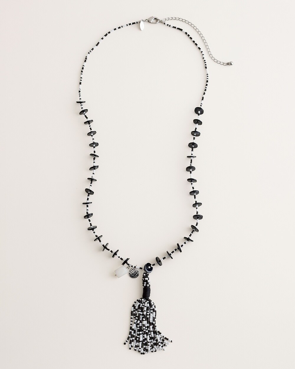 Black and White Beaded Tassel Necklace