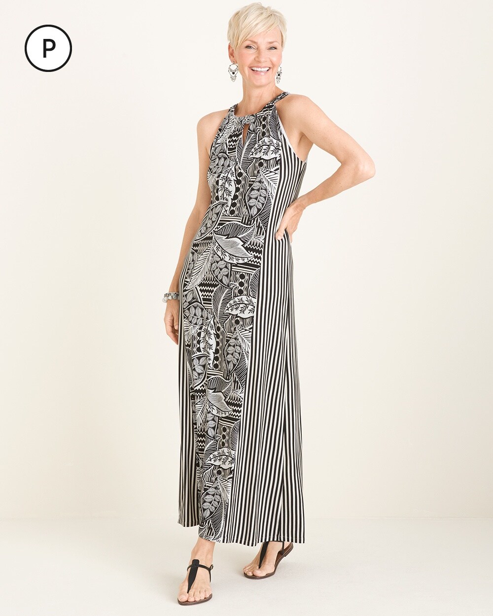 Petite Tropical-Print Striped Maxi Dress