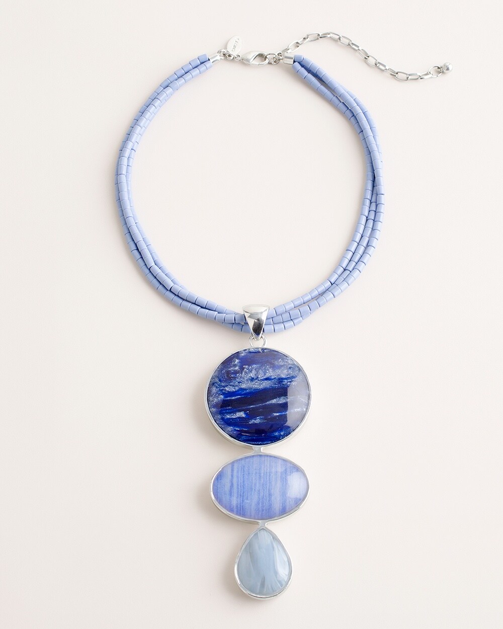 Short Blue and Silver-Tone Beaded Pendant Necklace