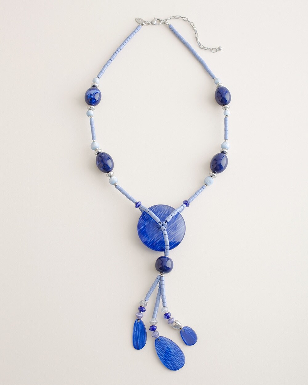 Blue and Silver-Tone Beaded Pendant Tassel Necklace