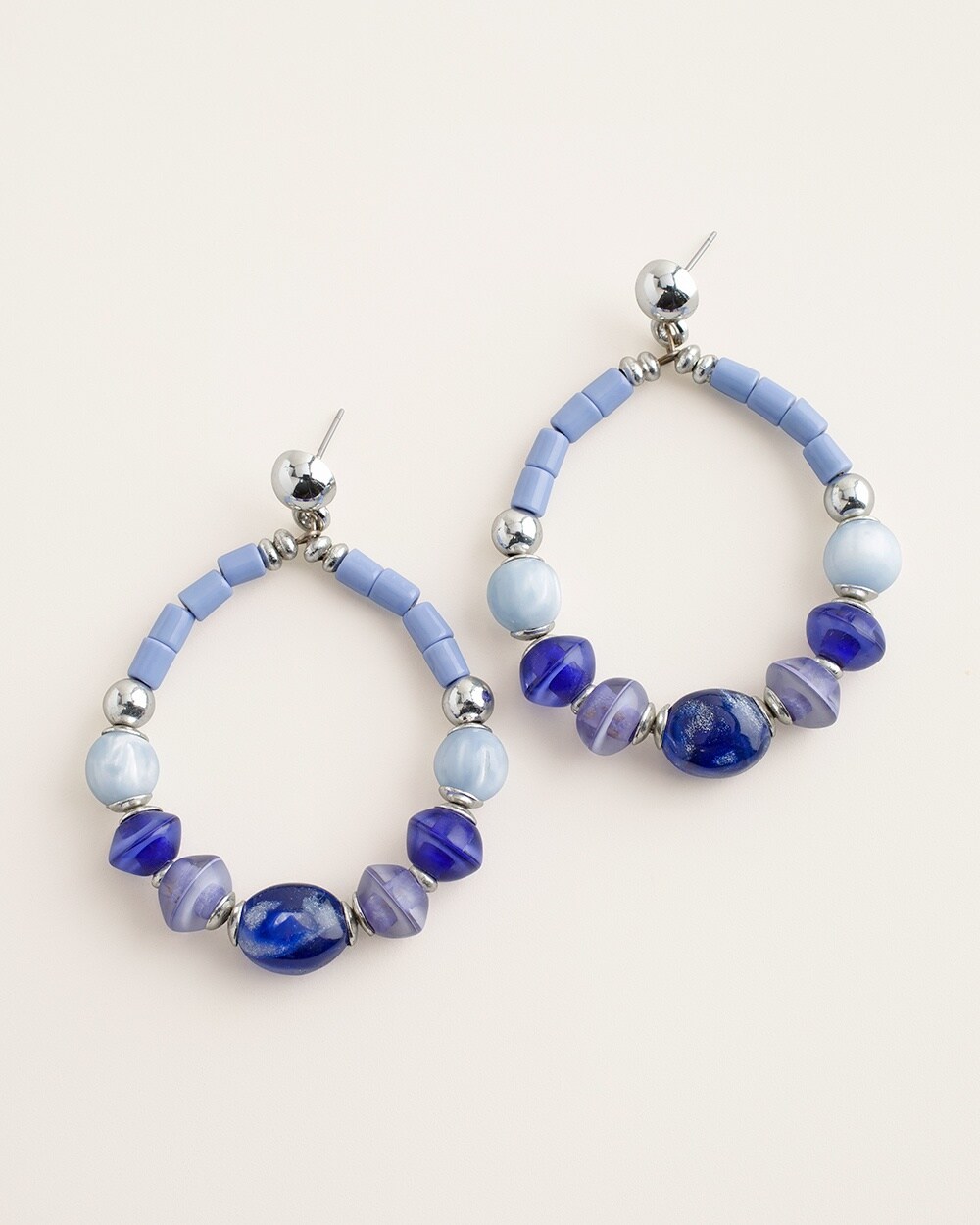 Blue and Silver-Tone Beaded Drop-Hoop Earrings