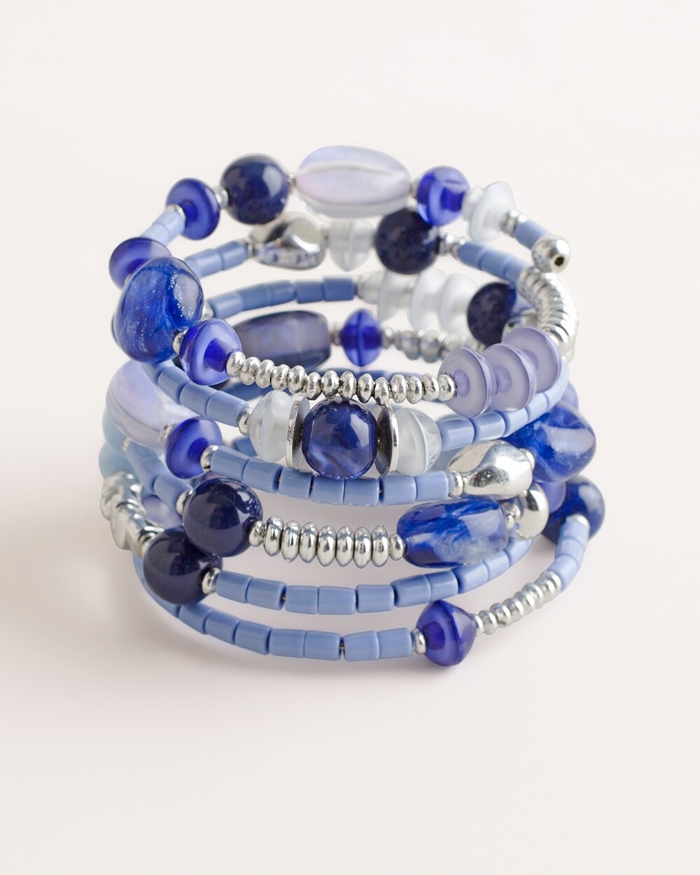 Blue and Silver-Tone Beaded Coil Bracelet