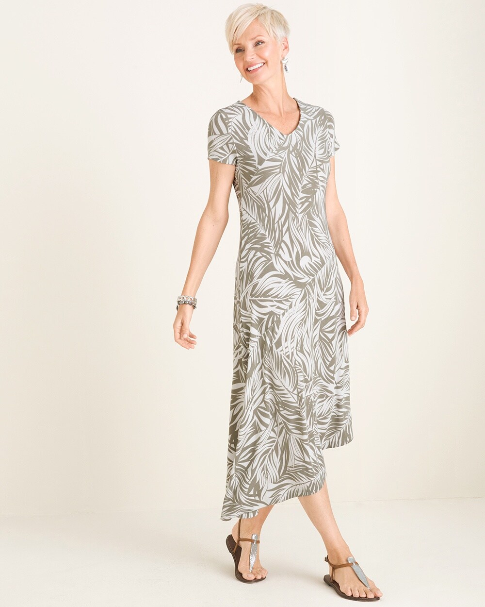 Travelers Classic Palm-Print Asymmetrical-Hem Dress
