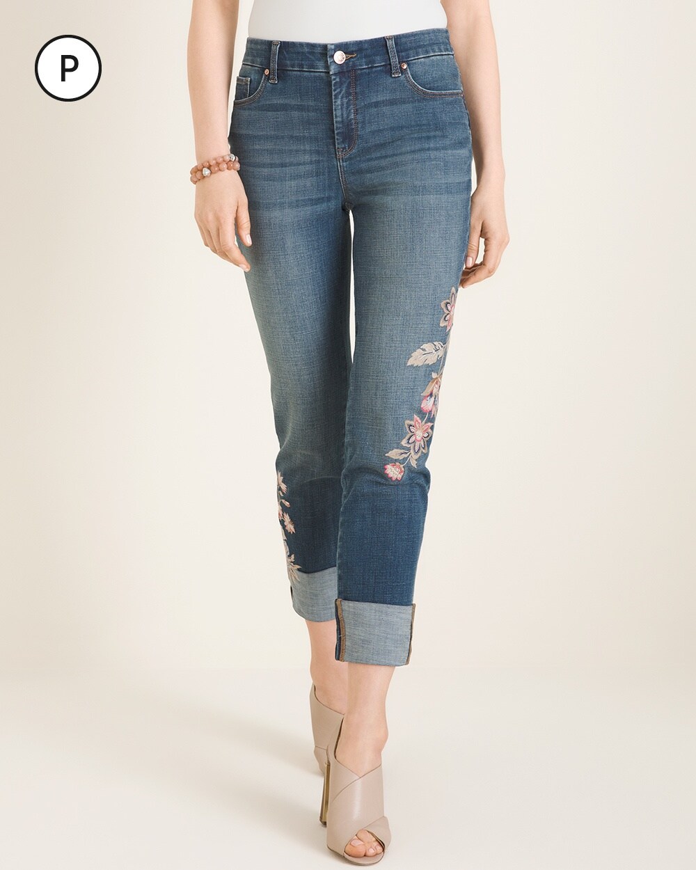 So Slimming Petite Tranquil Floral-Embroidered Girlfriend Ankle Jeans