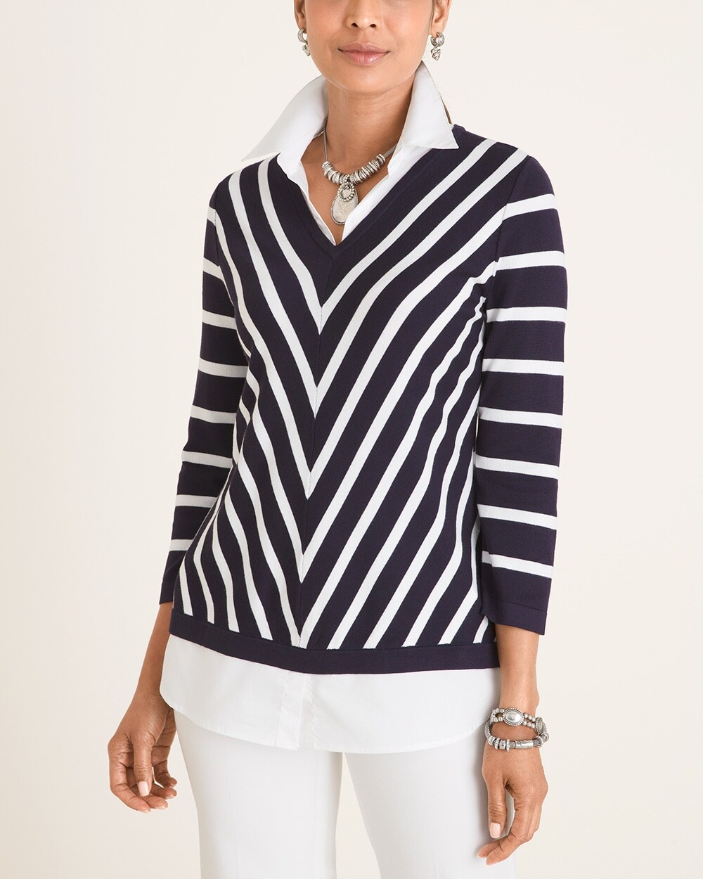 Mitered-Stripe Woven-Hem Sweater