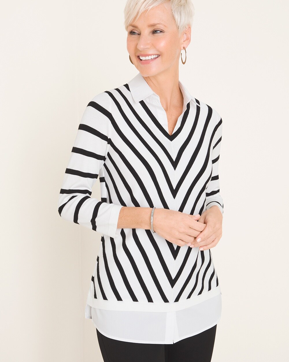 Mitered-Stripe Woven-Hem Sweater