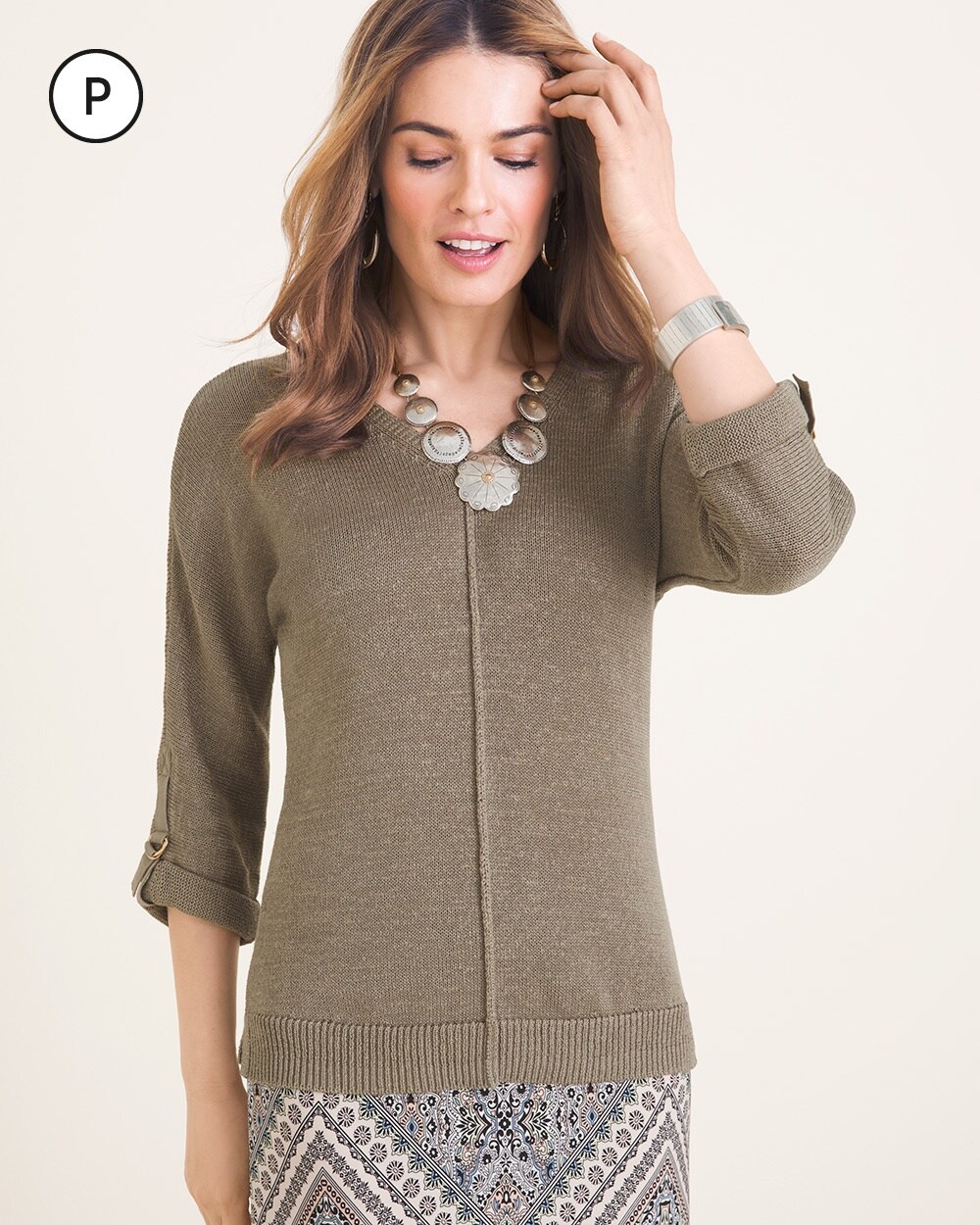 Petite Sleeve-Detail V-Neck Sweater