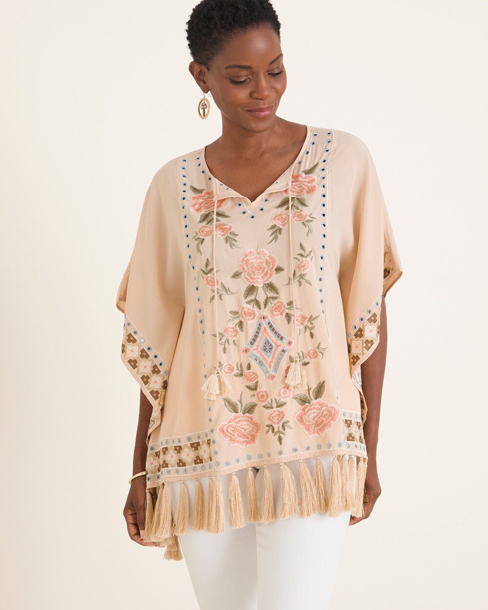 Rose-Embroidered Poncho