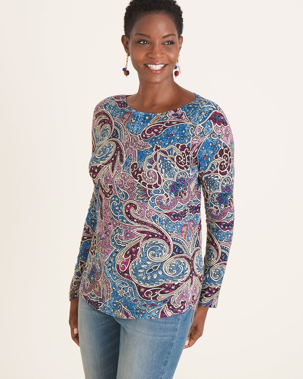 Scroll-Print Bateau-Neck Pullover Sweater