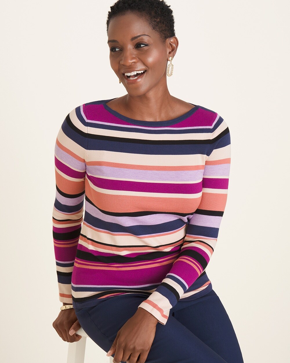 Multi-Colored Striped Bateau-Neck Pullover Sweater