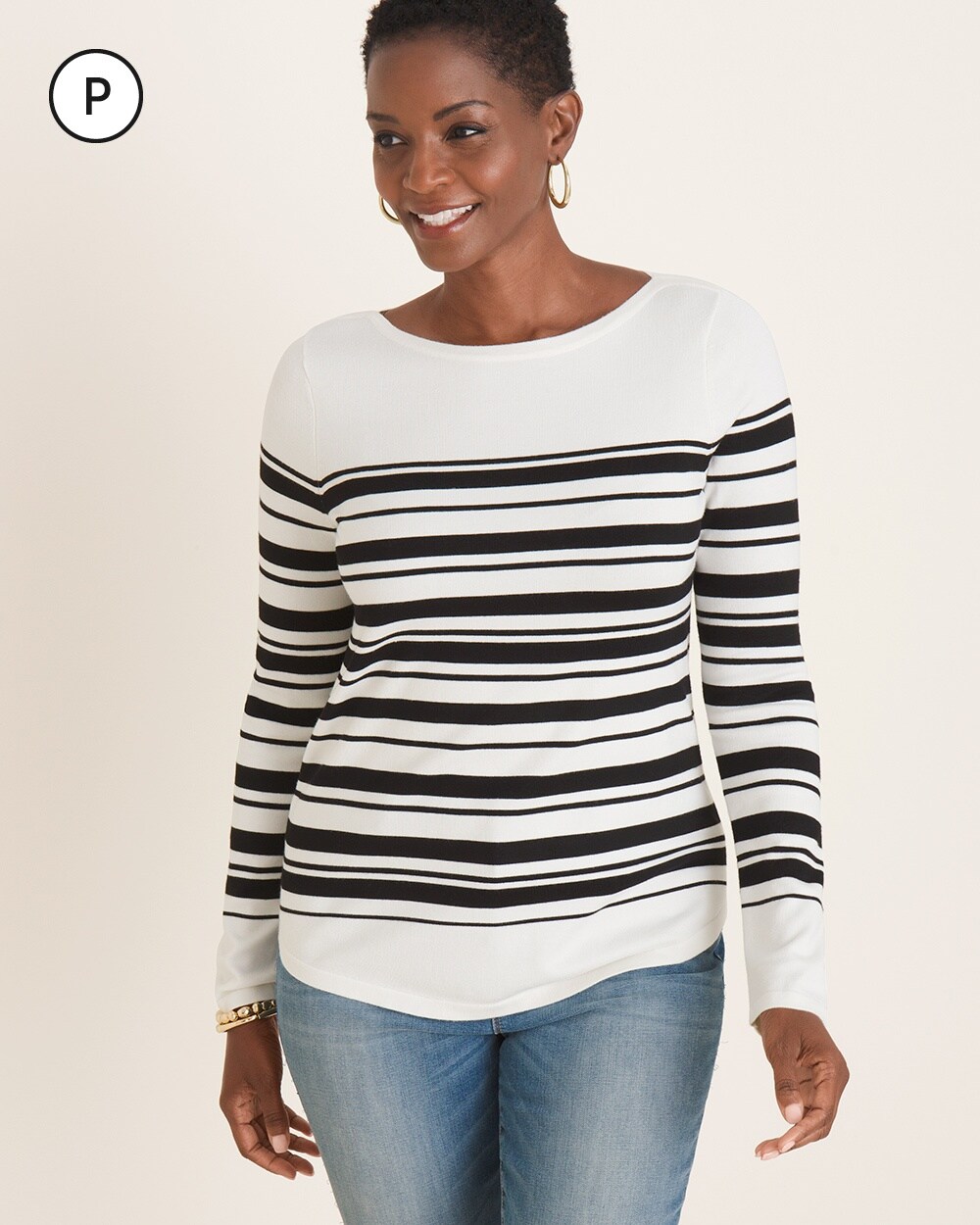 Petite Striped Bateau-Neck Shirttail-Hem Pullover Sweater