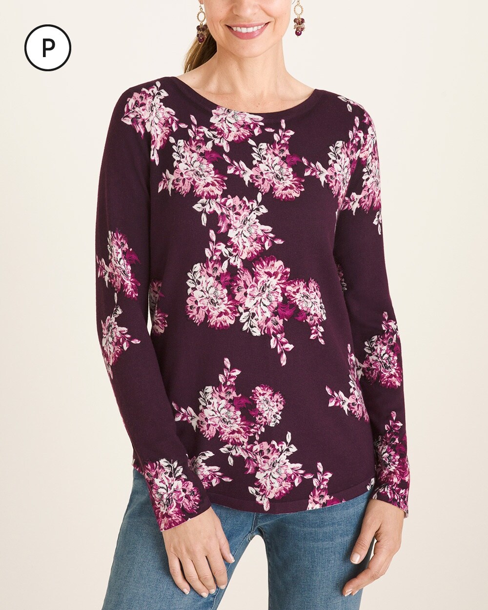 Petite Floral Bateau-Neck Pullover Sweater