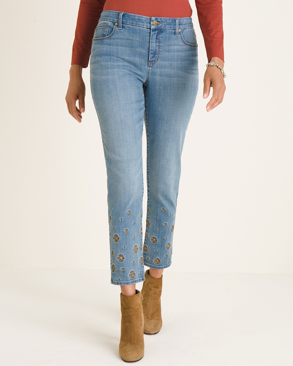 So Slimming Foulard Embroidered Girlfriend Ankle Jeans