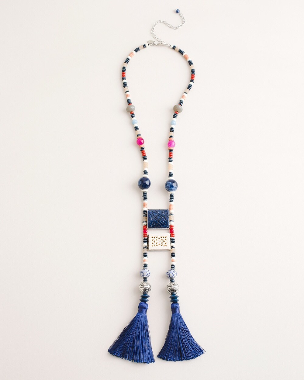 Long Beaded Multi-Colored Tassel Necklace