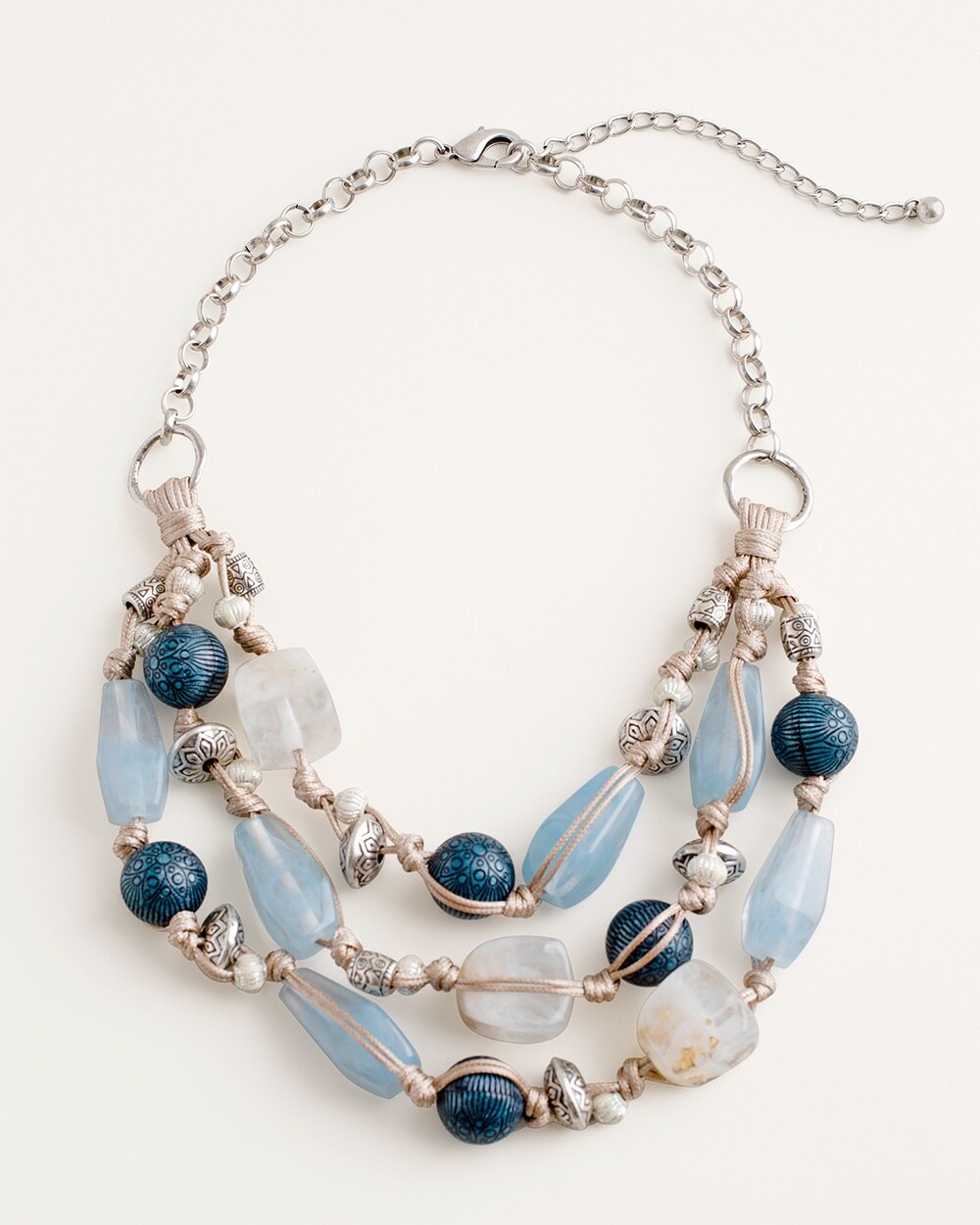 Short Blue and Silver-Tone Beaded Multi-Strand Necklace