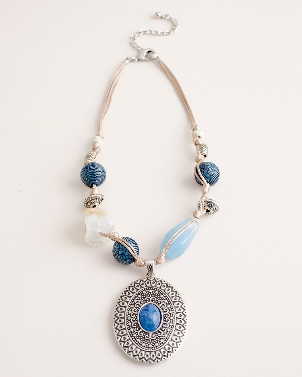 Short Blue and Silver-Tone Pendant Necklace