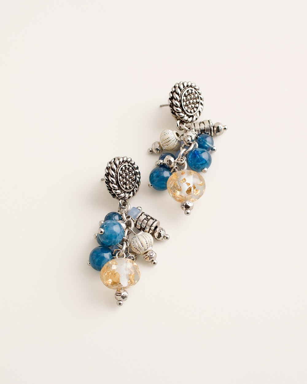 Blue and Silver-Tone Beaded Cluster Earrings