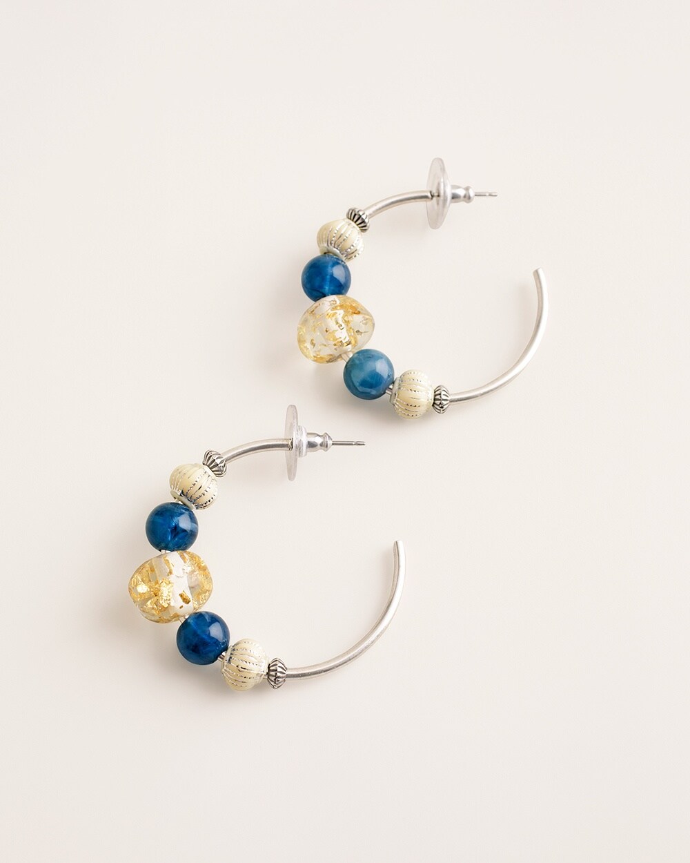 Blue and Silver-Tone Beaded Hoop Earrings