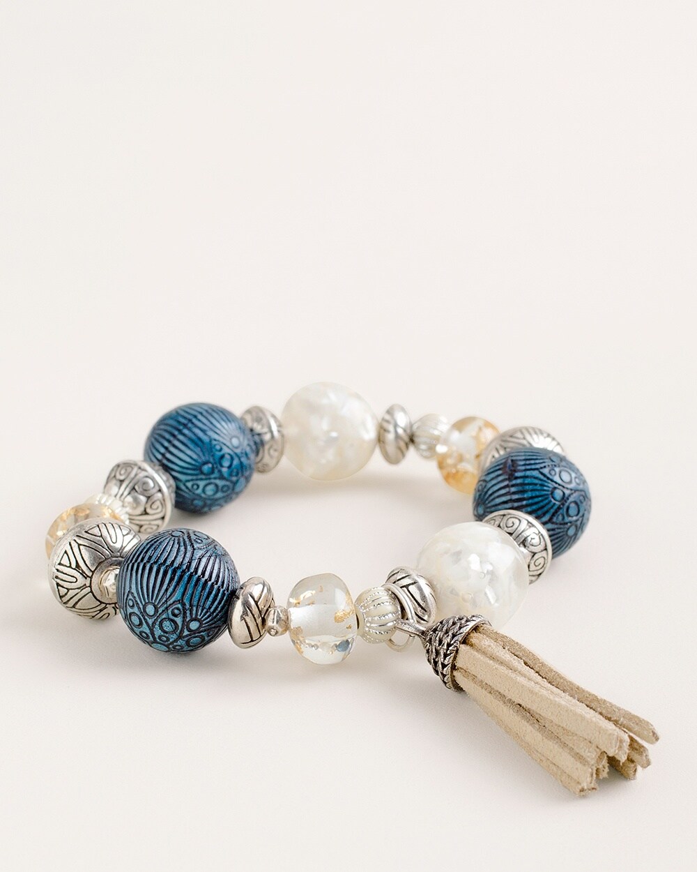 Blue and Silver-Tone Beaded Stretch Bracelet