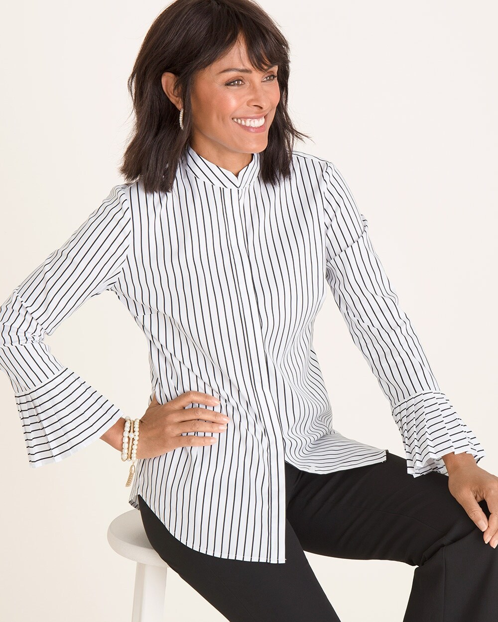 Striped Pleated-Cuff Poplin Shirt