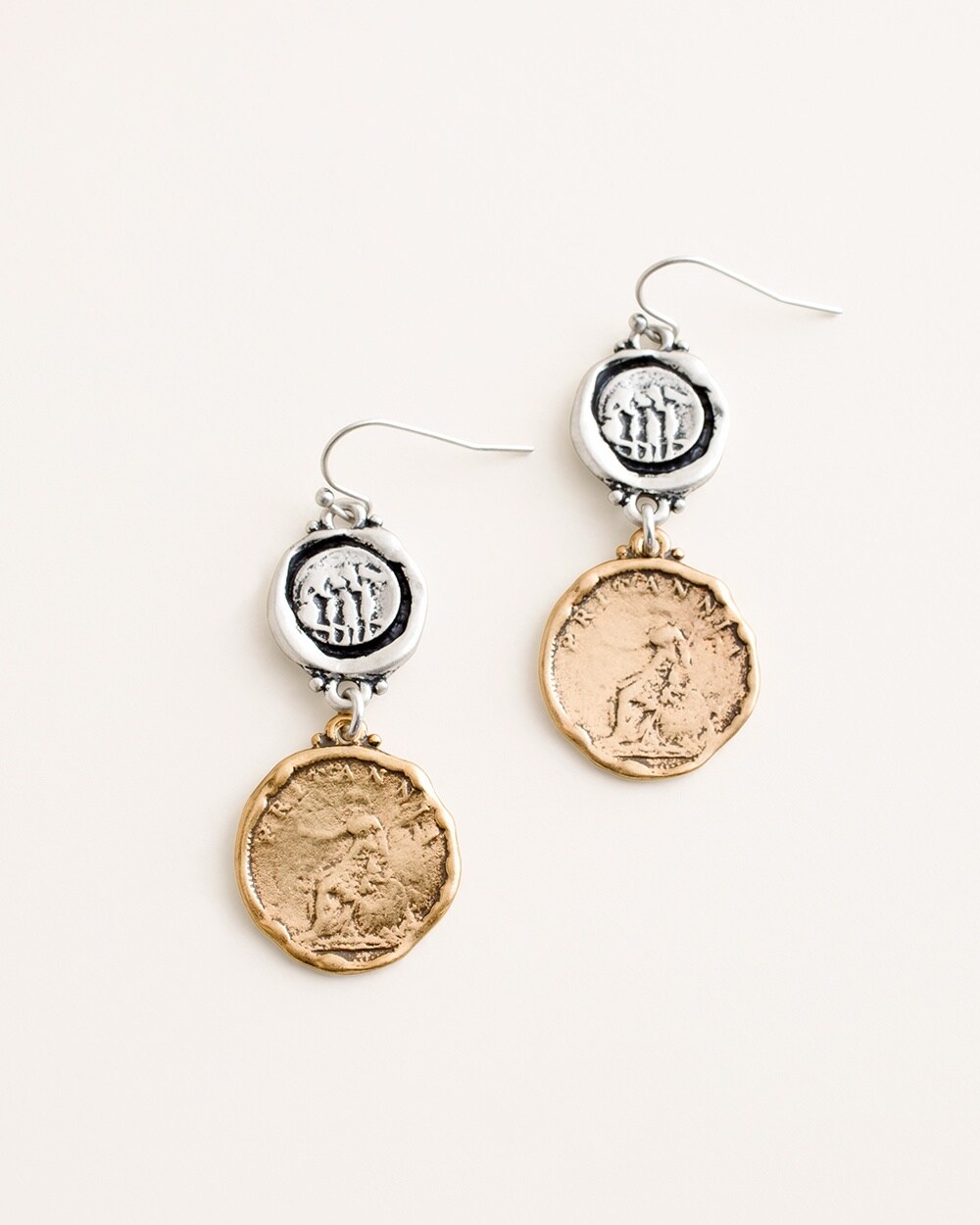 Textured Mixed-Metal Coin Double-Drop Earrings