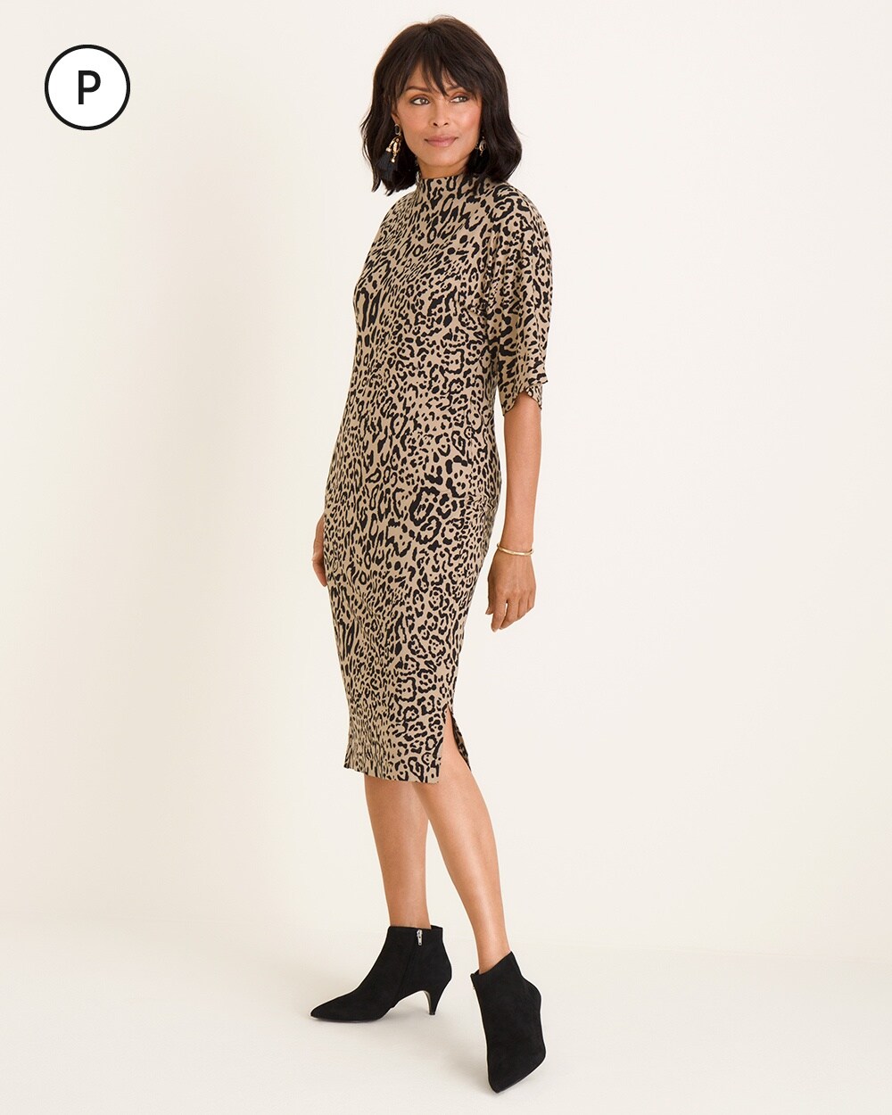 Petite Cheetah-Print Mock-Neck Dress