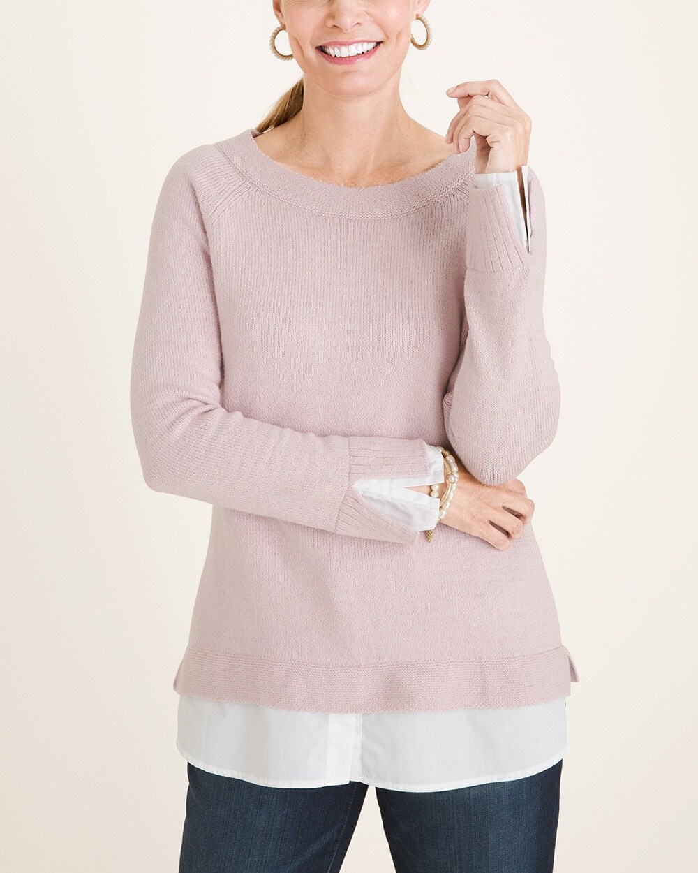 Knit Woven-Hem Bateau-Neck Pullover Sweater