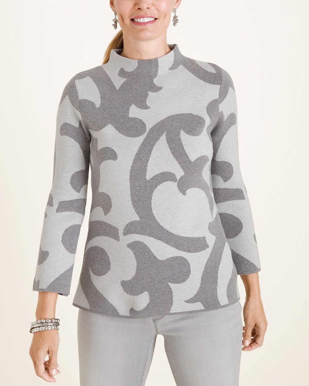 Printed Structured Mock-Neck Sweater