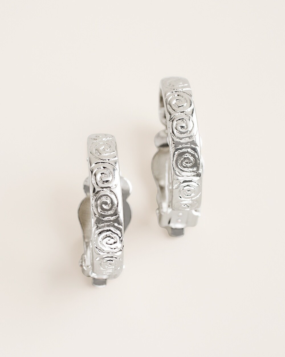 Medium Textured Silver-Tone Clip-On Hoop Earrings