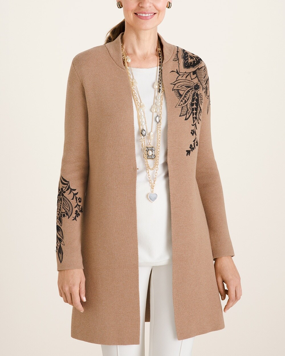 Long Floral-Embroidered Cardigan