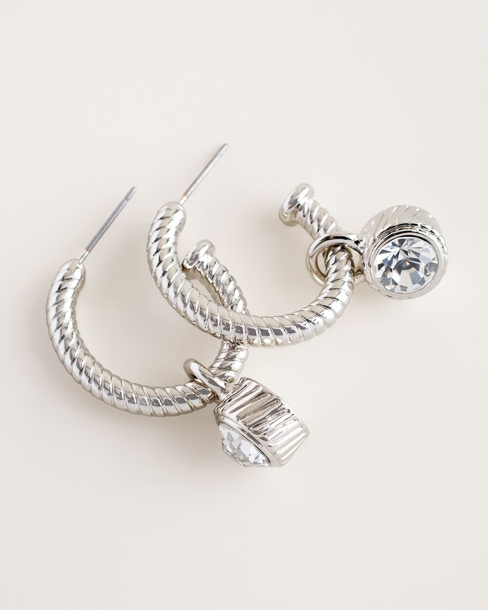Silvertone Sparkle Drop-Hoop Earrings