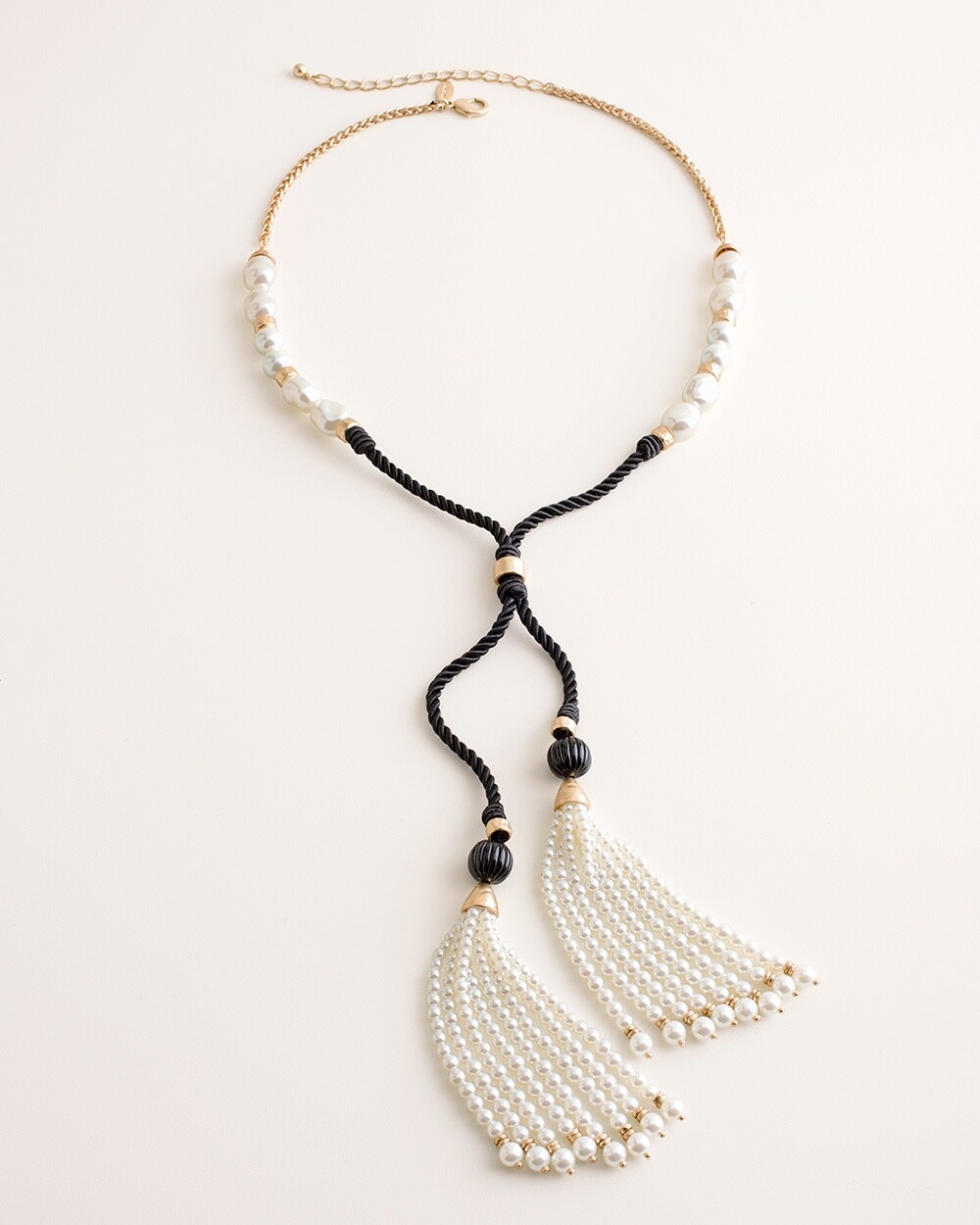 Black and White Faux-Pearl Rope-Detail Y-Necklace