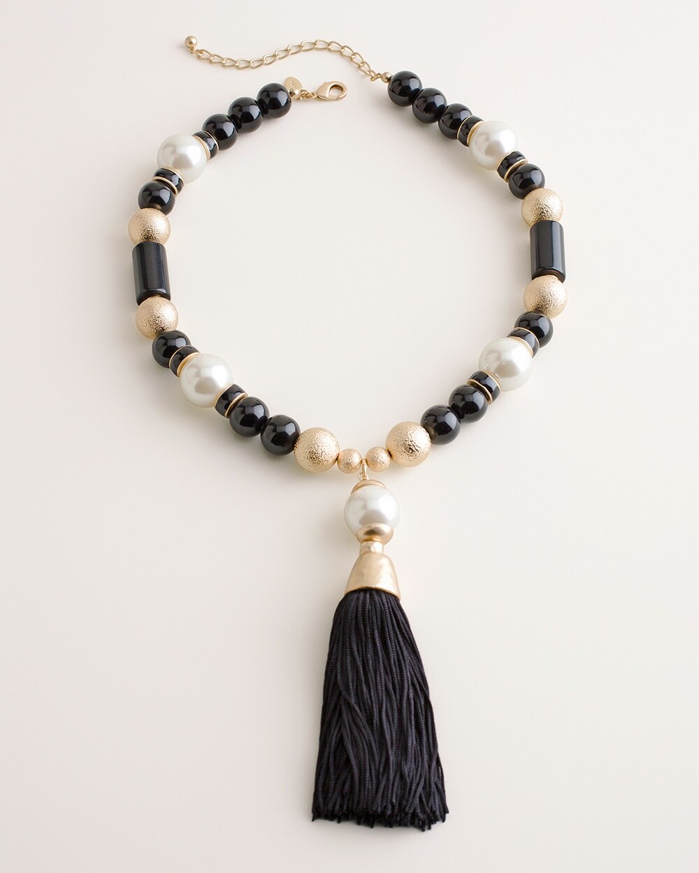 Black and White Faux-Pearl Tassel Necklace