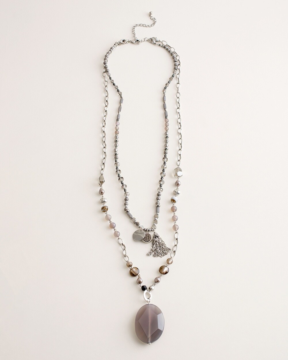 Gray and Neutral Beaded Double-Layer Necklace