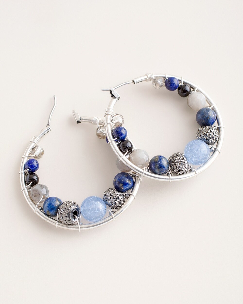 Blue Beaded Charm-Hoop Earrings