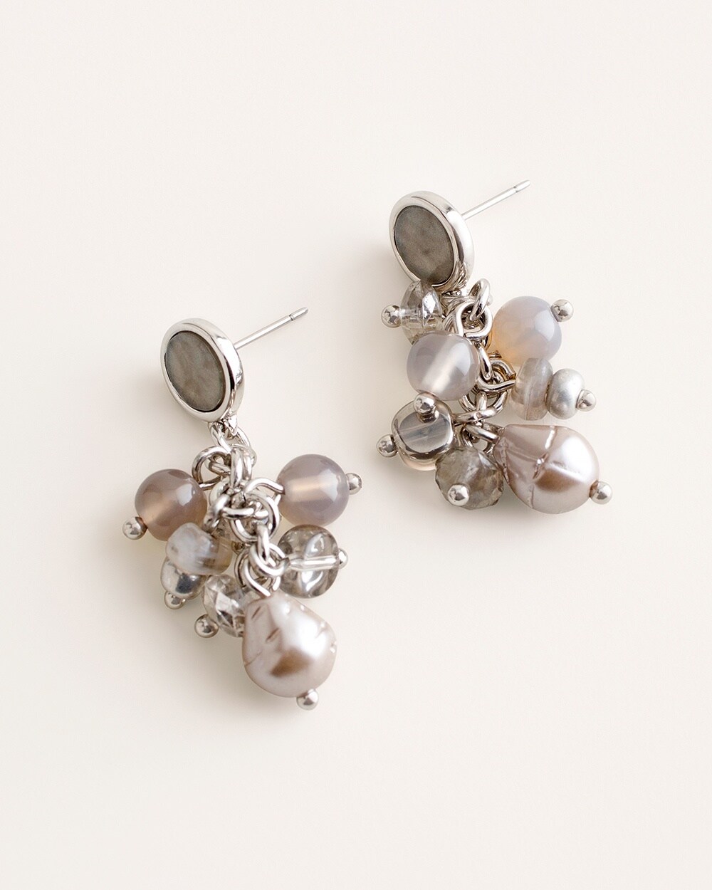 Gray and Neutral Beaded Cluster Earrings