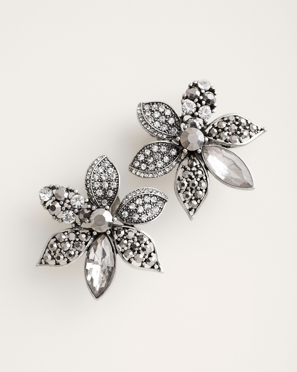 Black and Gray Simulated Crystal Flower Clip-On Earrings
