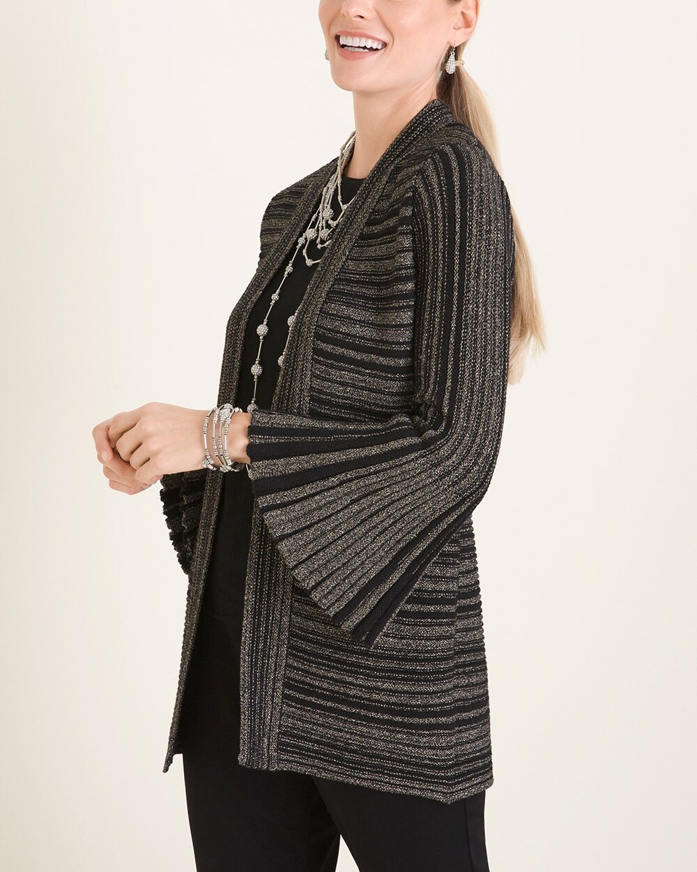 Travelers Collection Lurex Striped Bell-Sleeve Cardigan