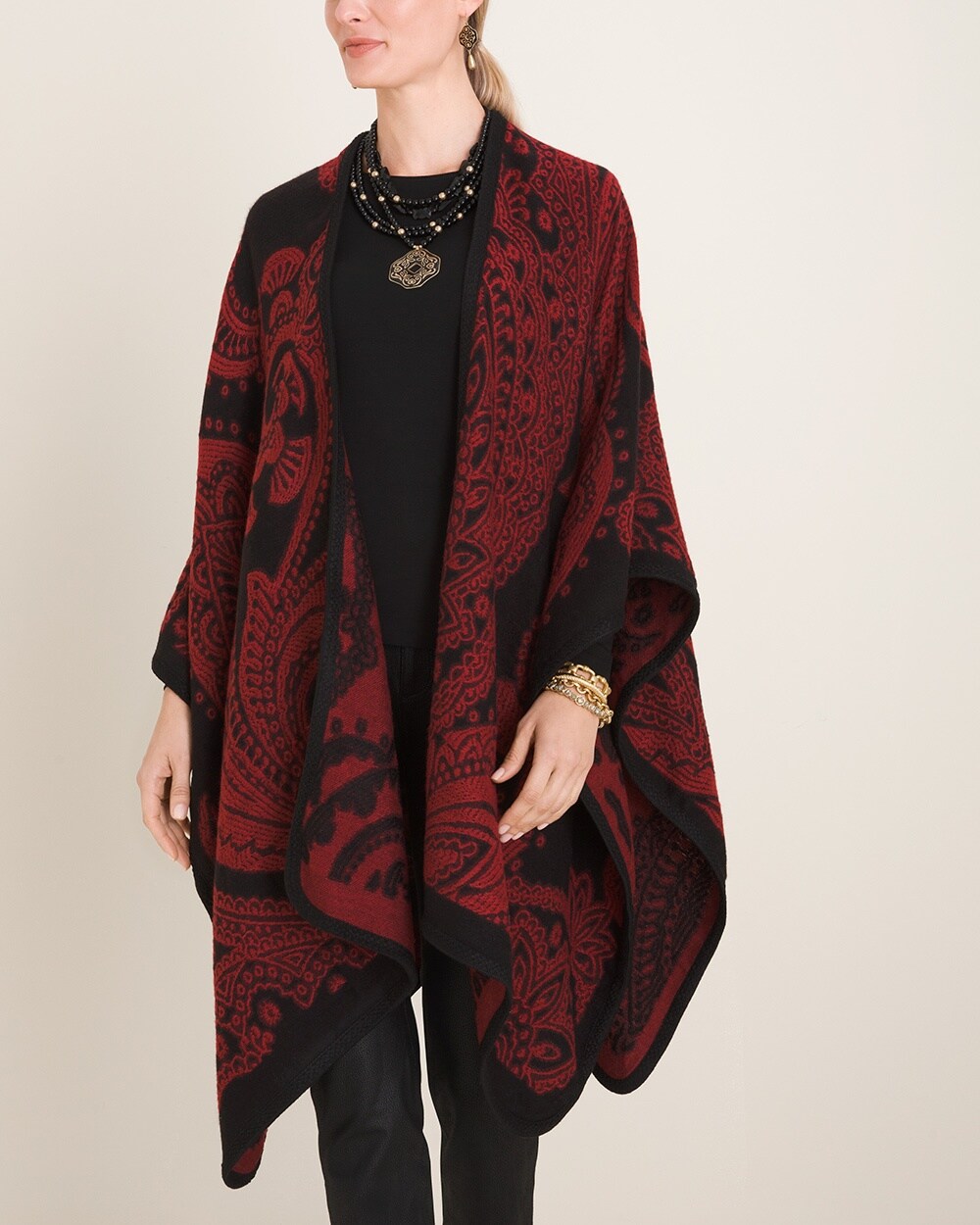 Red and Black Paisley Jacquard Blanket Ruana Wrap