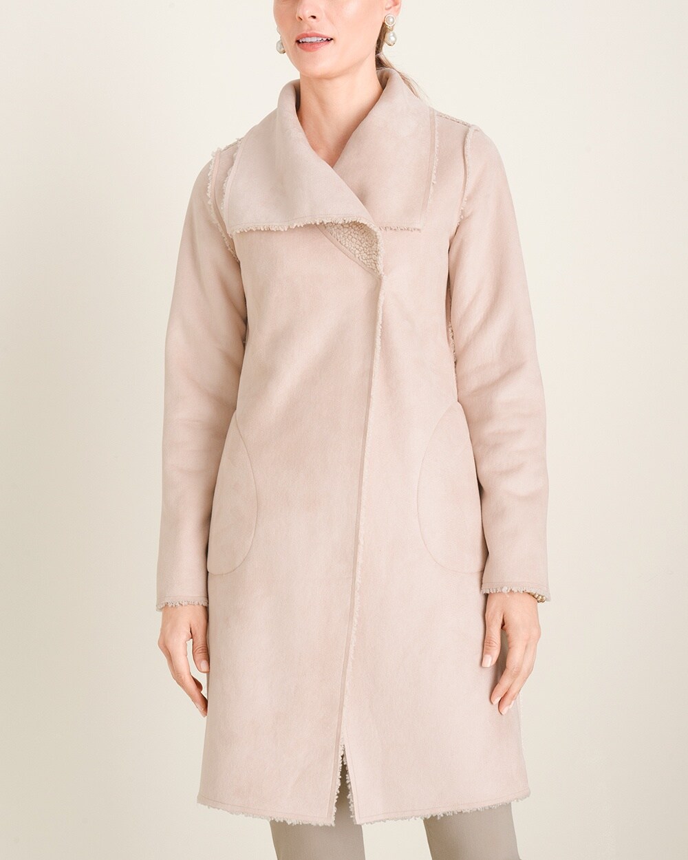 Faux-Shearling Pink Drape-Front Jacket