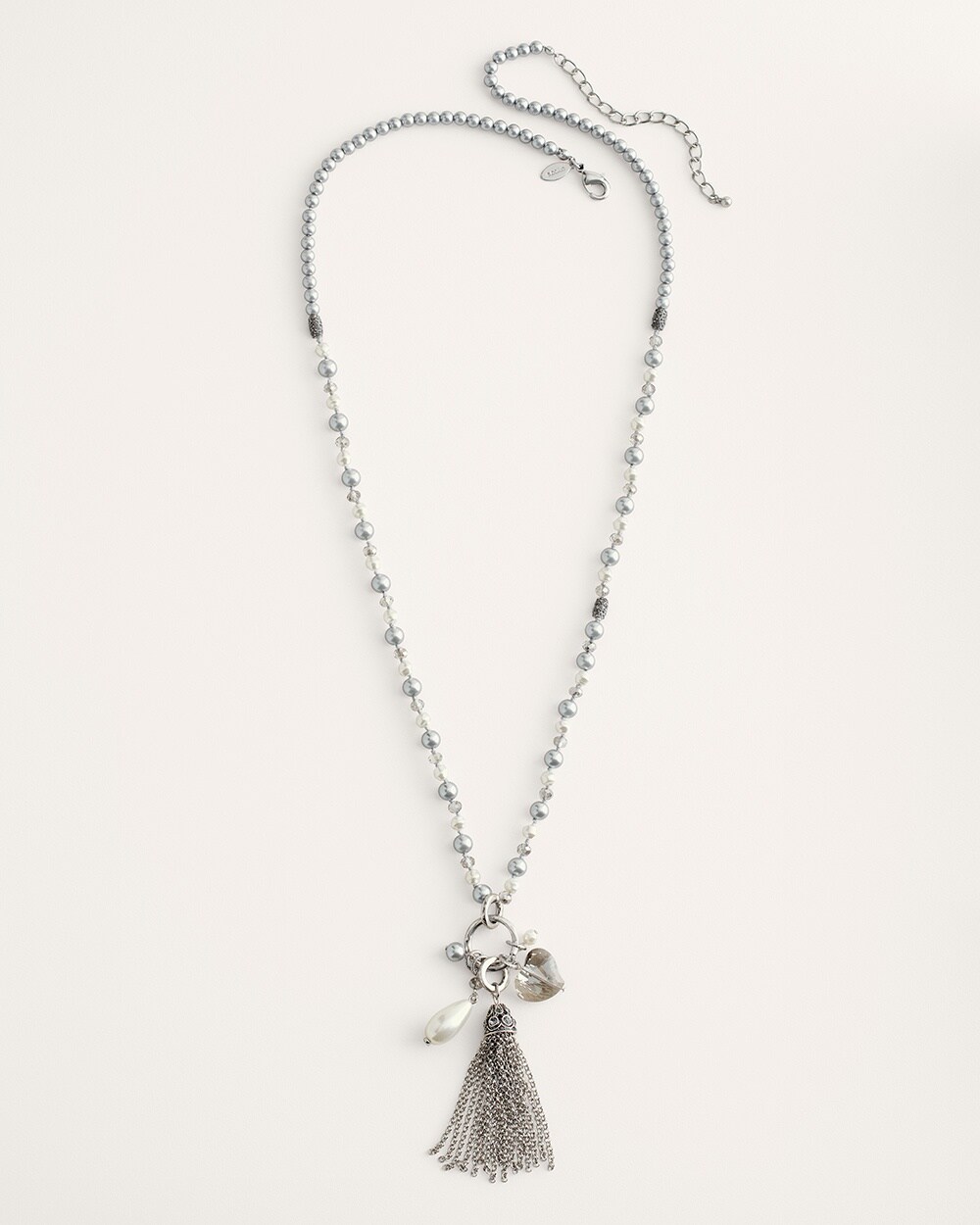 Long Faux-Pearl and Gray Charm Tassel Necklace