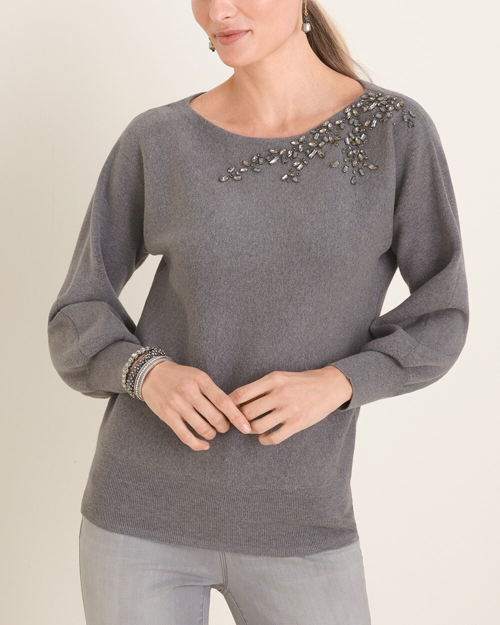 Embellished-Shoulder Pullover Sweater