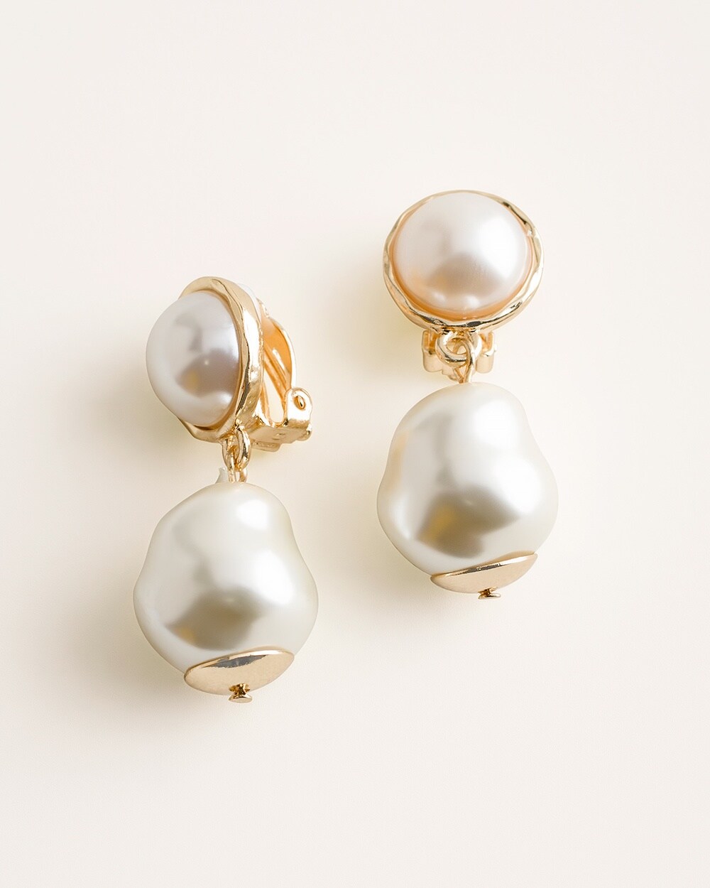 Faux-Pearl and Goldtone Clip-On Drop Earrings