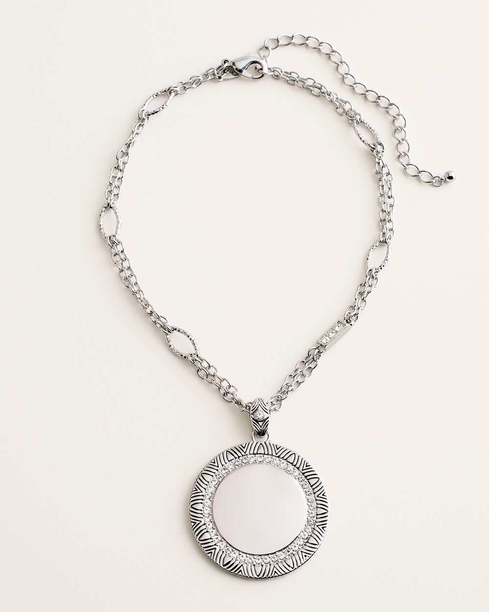 Reversible Silvertone Etched Pave Pendant Necklace