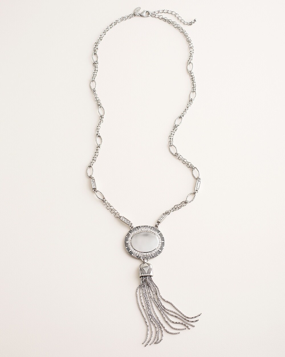 Reversible Silvertone Etched Pave Tassel Necklace
