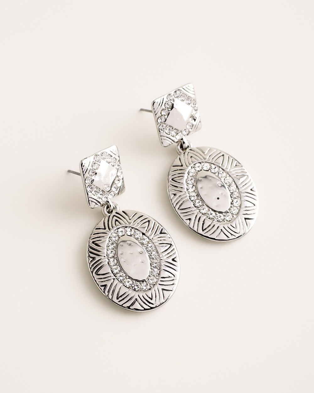 Silvertone Etched Pave Drop Earrings