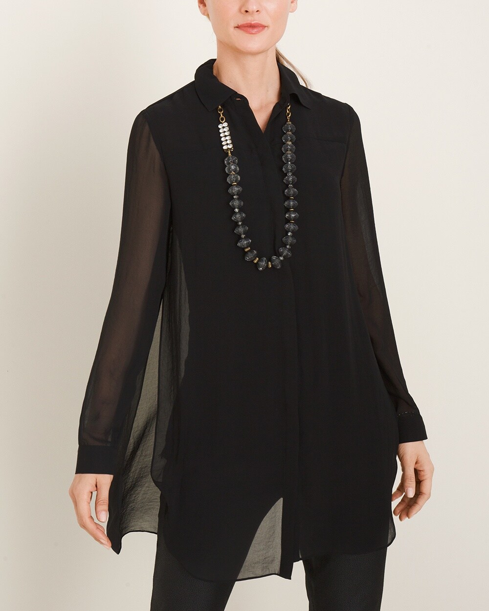 Sheer Lace-Inset Black Button-Down Tunic